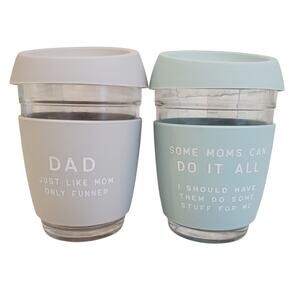 Mud Pie Glass Travel Coffee Cups Silicone Lids Mom and Dad Matching Coffee